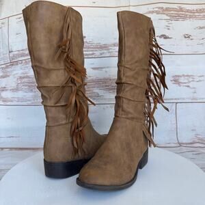 Candie's Girls' Fringe Detail Camel Faux Leather Slouchy Mid Calf Boots Size 4